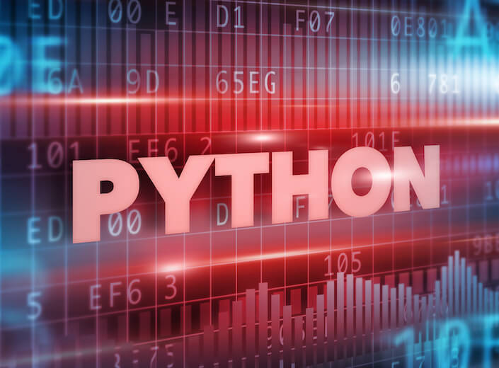 Python is written in blue against a digital screen of numbers.
