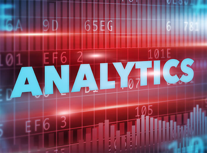 Business Analytics is written over a digital screen (red and blue) with various numbers and charts on it,