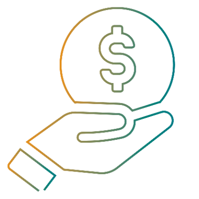 Icon of a hand holding a money symbol enclosed in a circle. The lines are gradients of teal and gold.