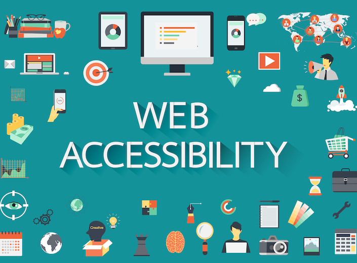 Web accessibility is conveyed with many icons representing UX against a light blue background.