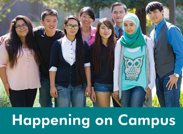 A group of students, of various genders and ethnicities are posed in a group outside. "Happening on campus" is written in white across a teal strip on the bottom of the image.