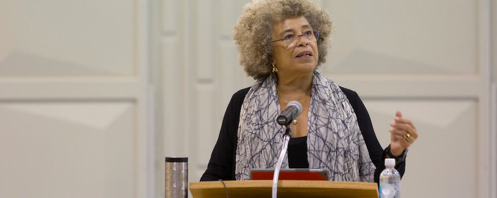 Activist Angela Davis delivers a lecture at Mission College.